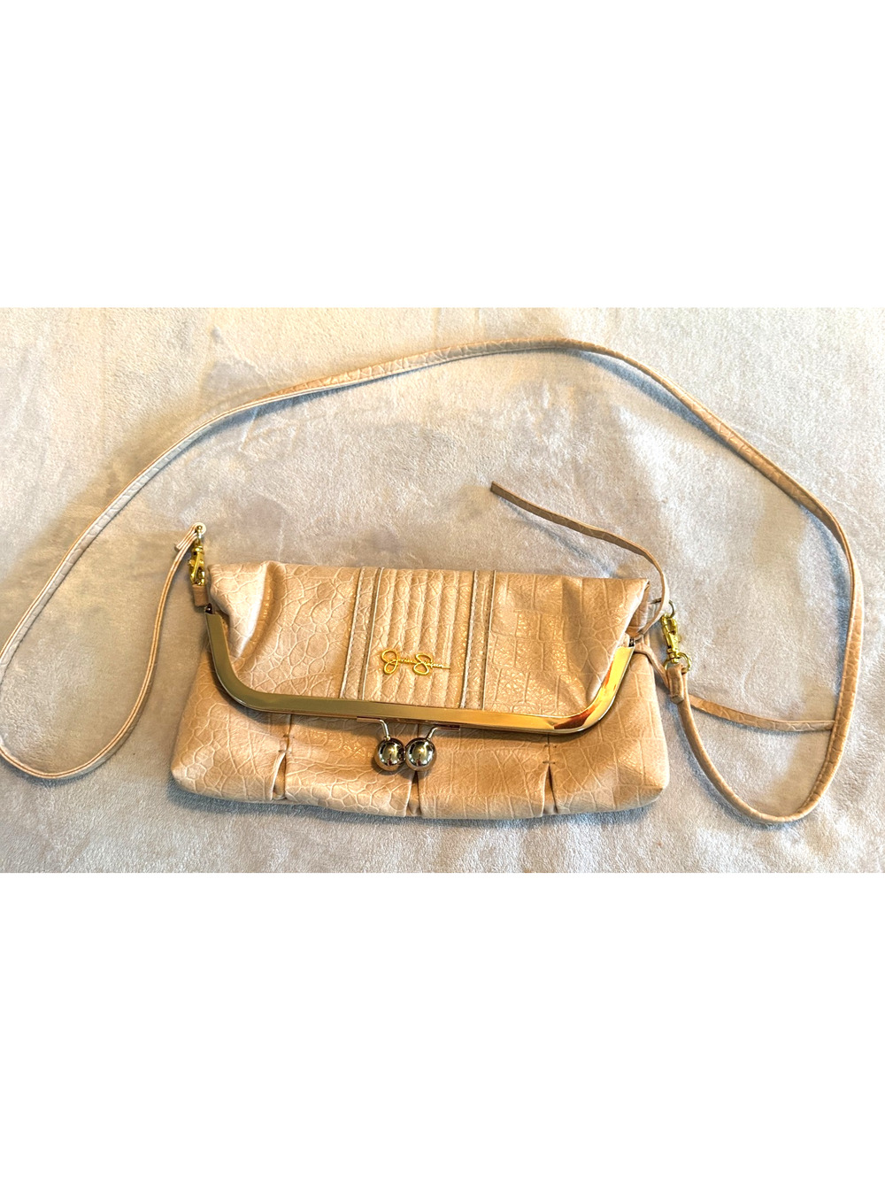 Y2K‎ Jessica Simpson Crossbody Bag Purse foldover kisslock Beige croc embossed